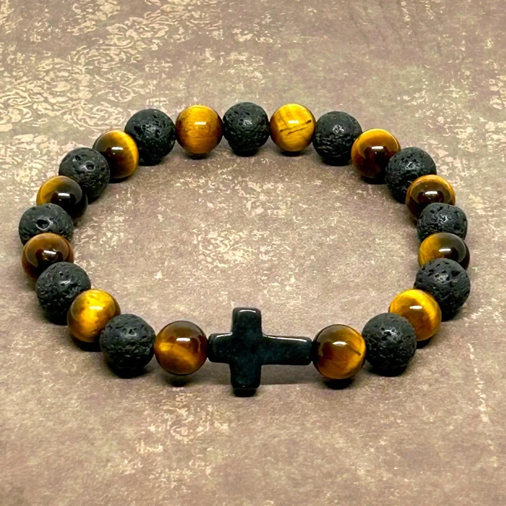 Handmade Men’s Cross Beaded Bracelet with Natural Tiger Eye & Lava Stone… - Picture 3 of 4